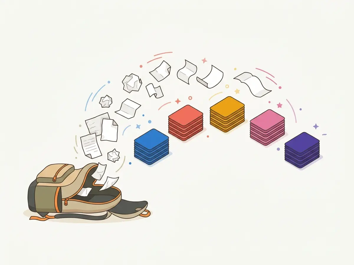 A backpack spilling crumpled papers that transform into five tidy colored piles