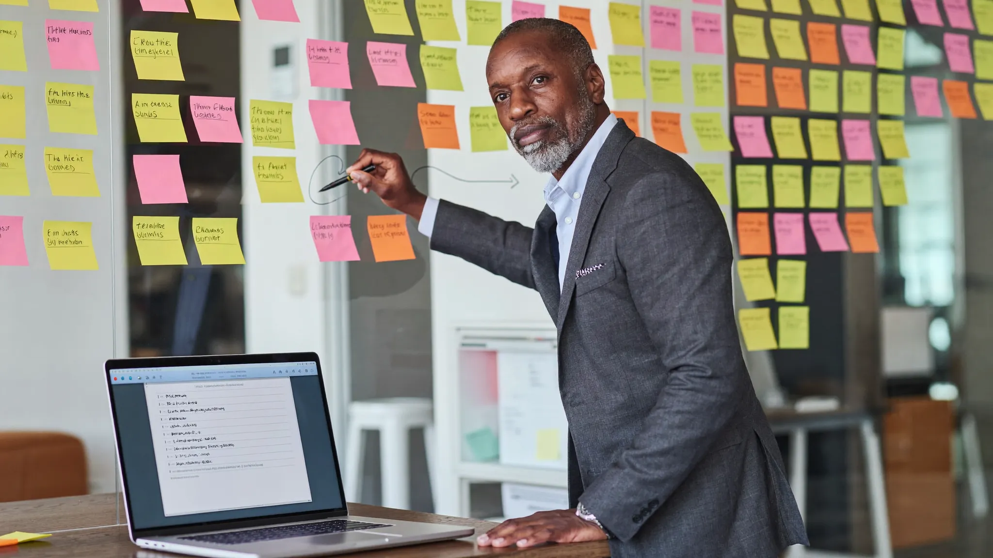 A business owner marking one sticky note on a wall of workflow notes during an audit