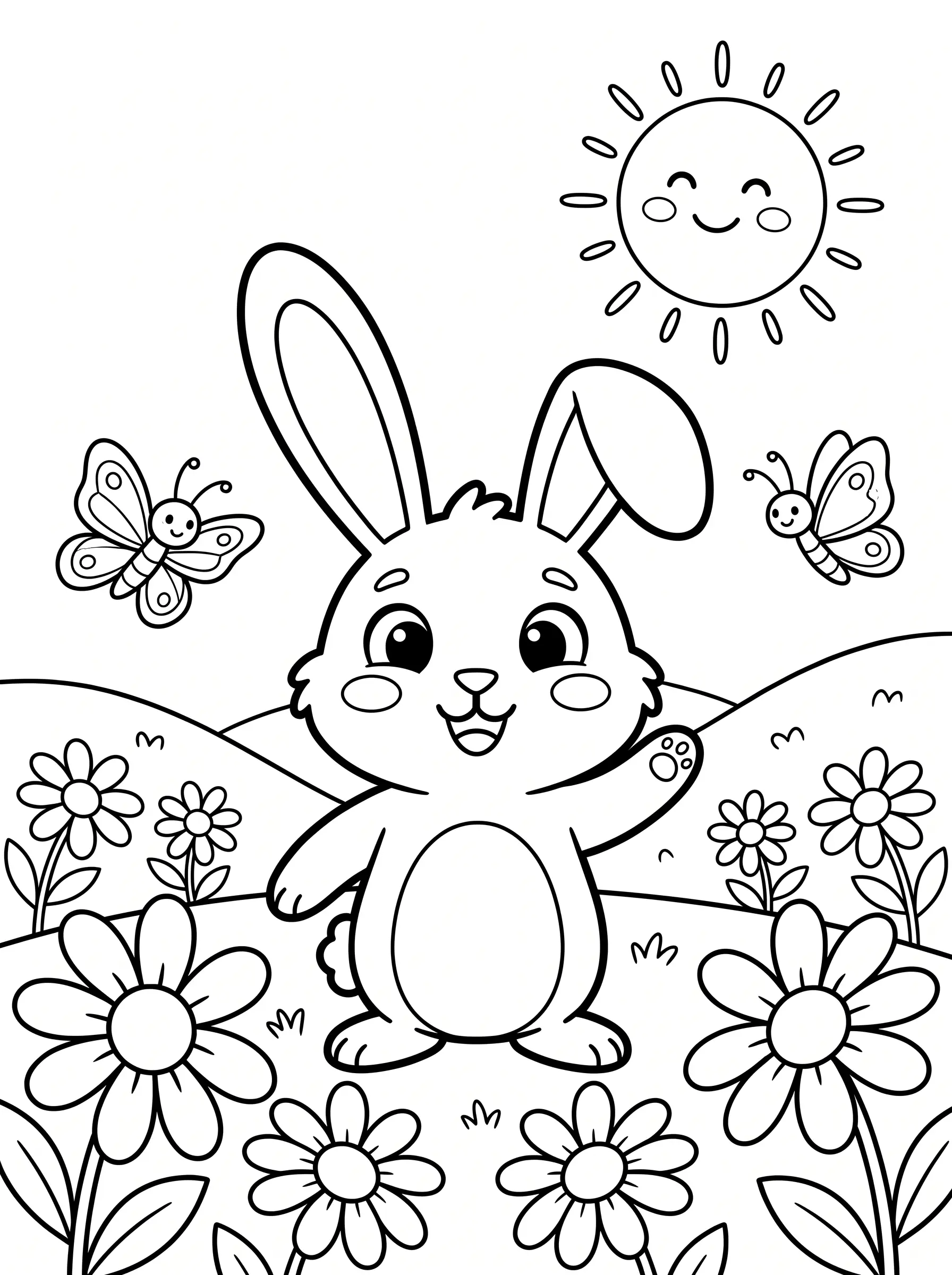 Coloring page: the rabbit waving in a flower meadow
