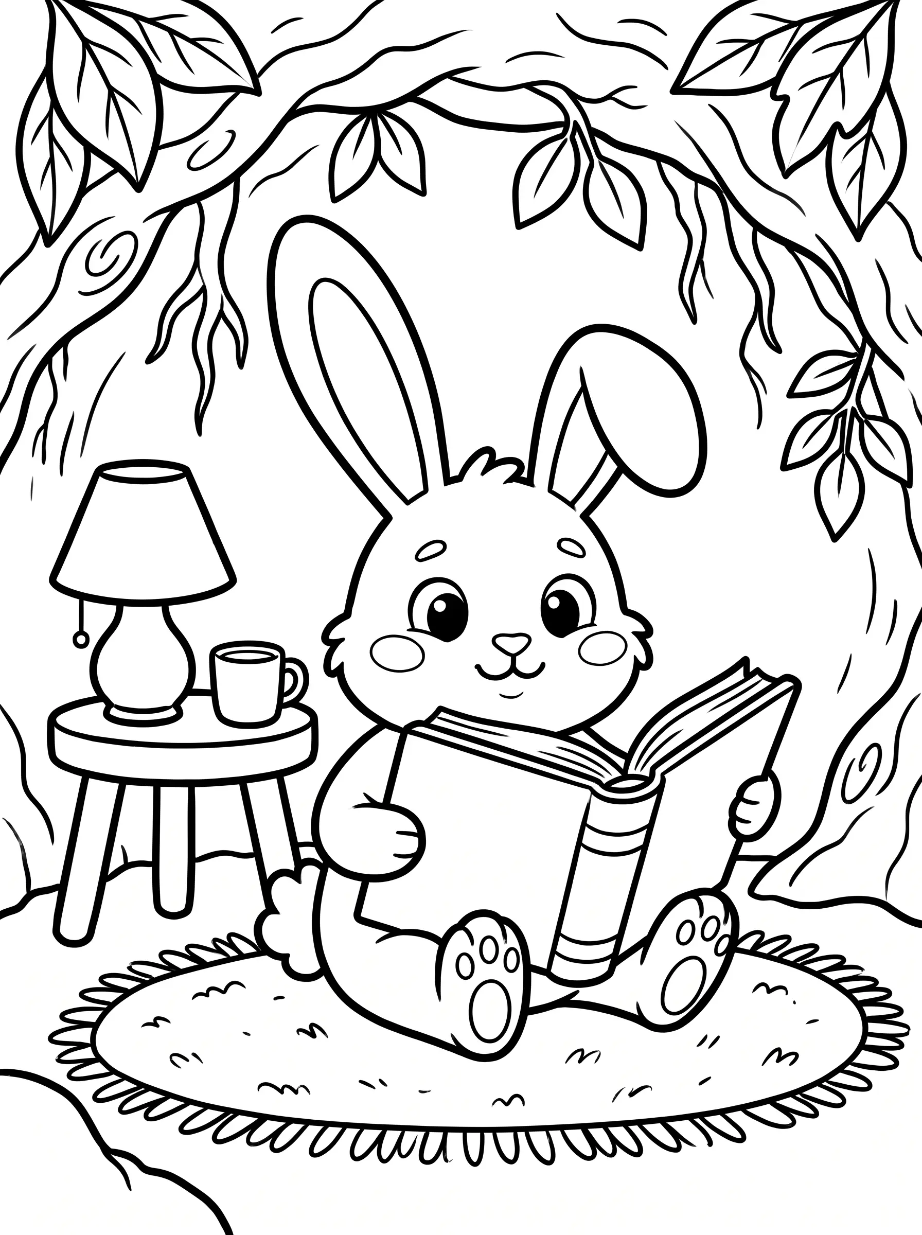 Coloring page: the rabbit reading a book in its burrow