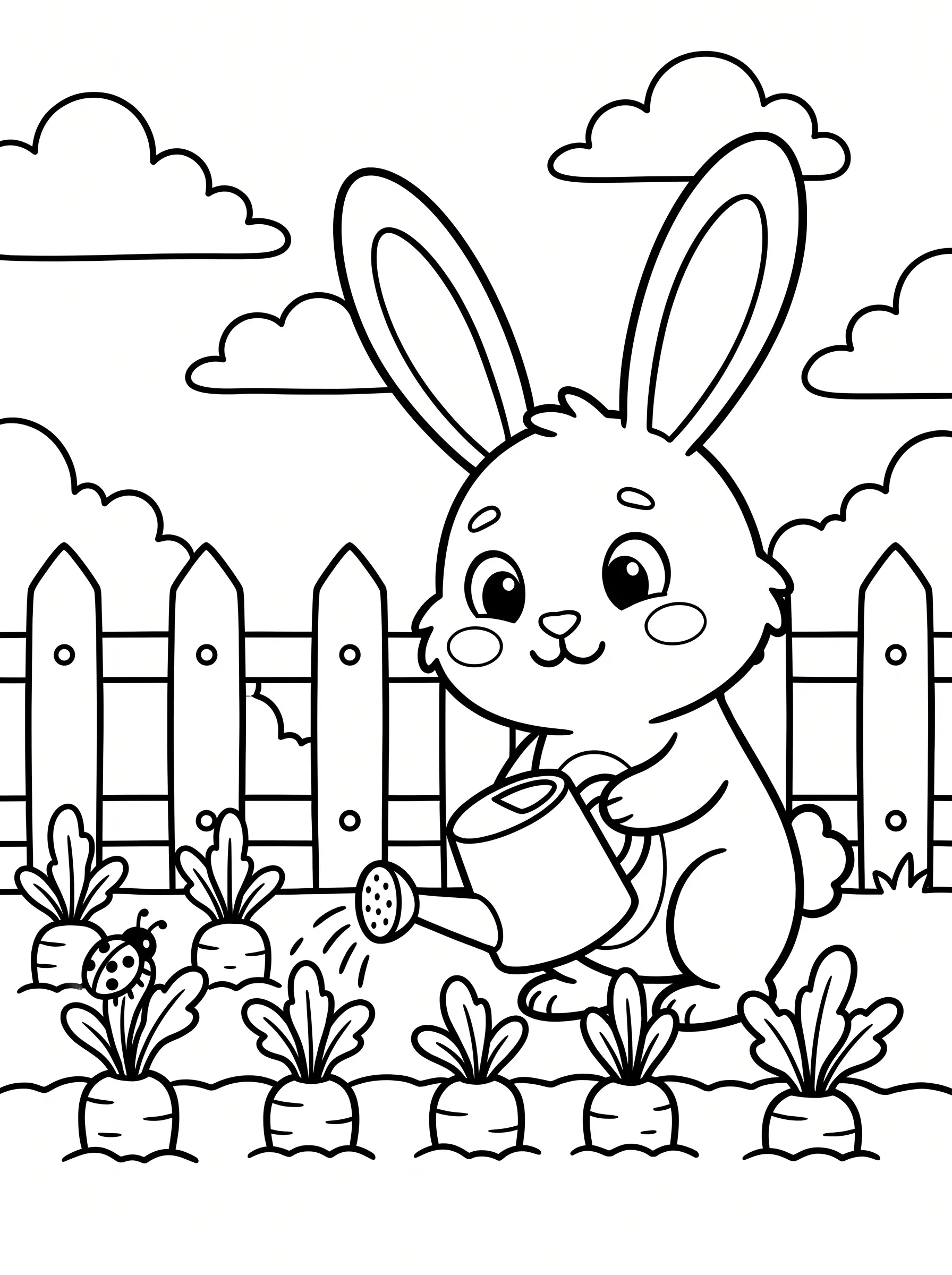 Coloring page: the rabbit watering a carrot garden