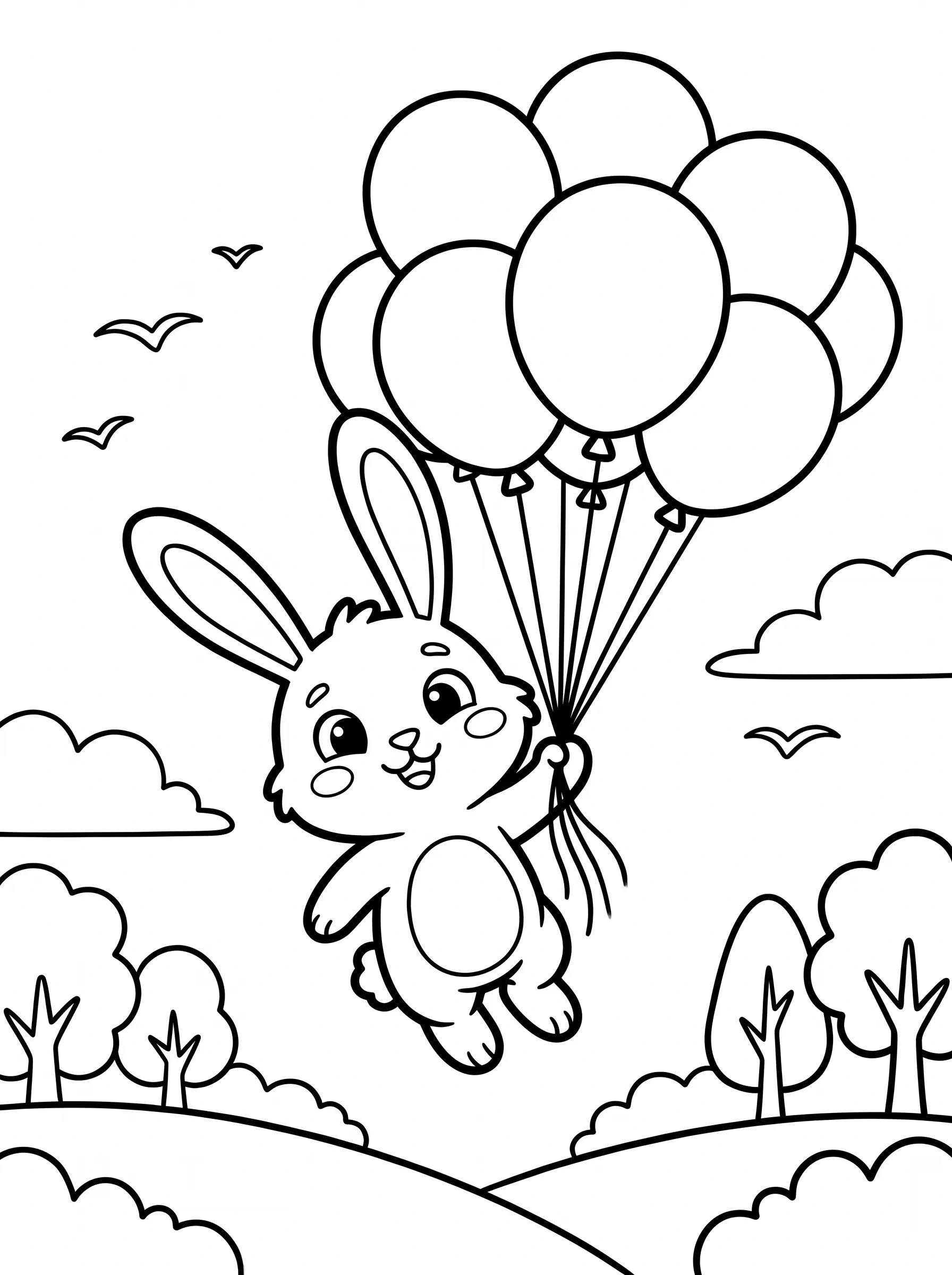 Coloring page: the rabbit flying with balloons