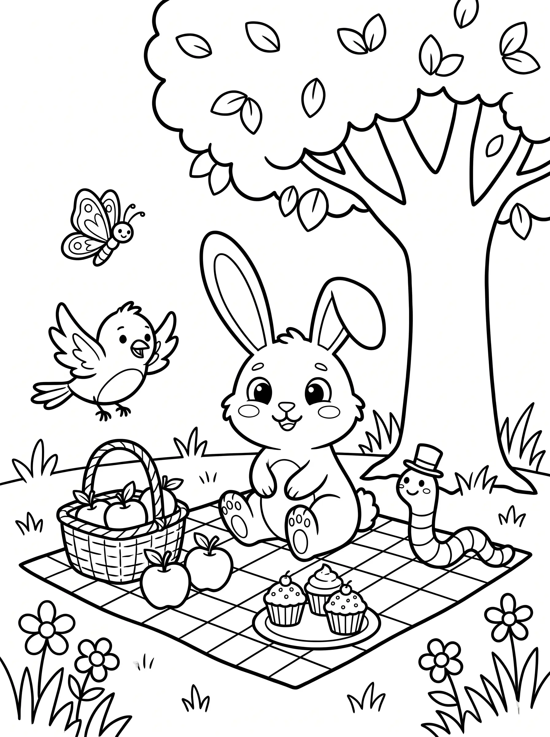 Coloring page: the rabbit having a picnic with little friends