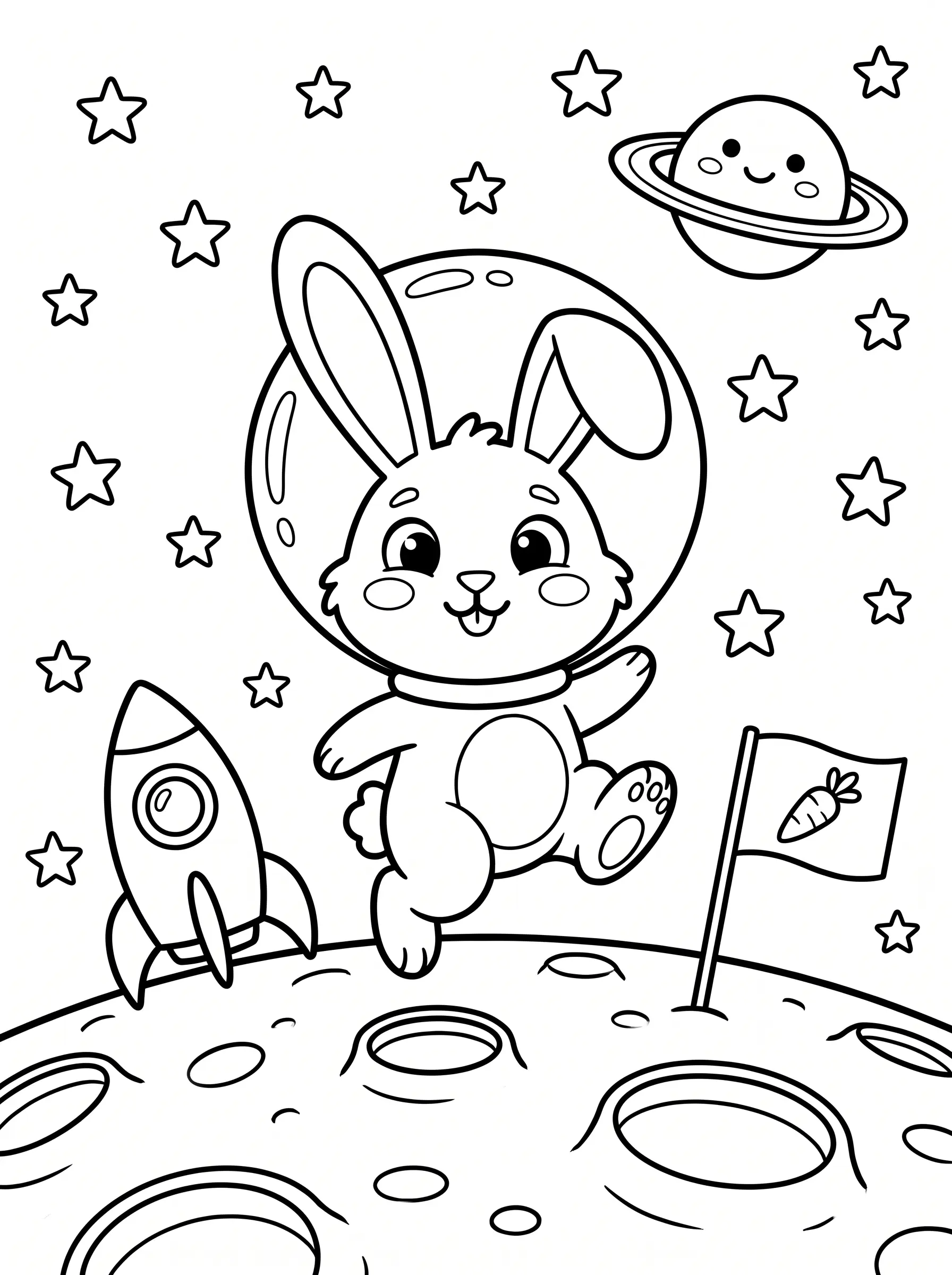 Coloring page: the astronaut rabbit bouncing on the moon