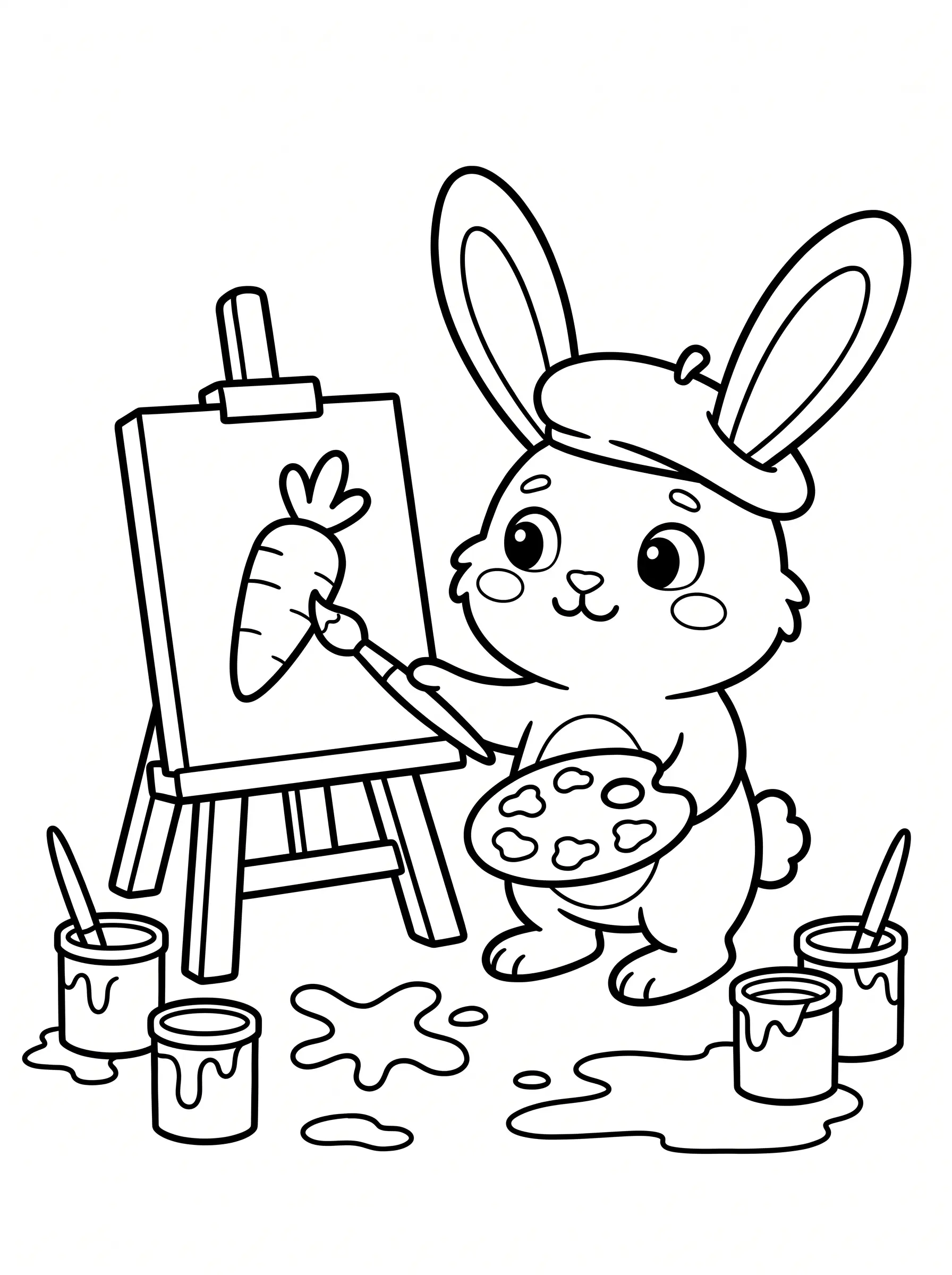 Coloring page: the rabbit painting at an easel