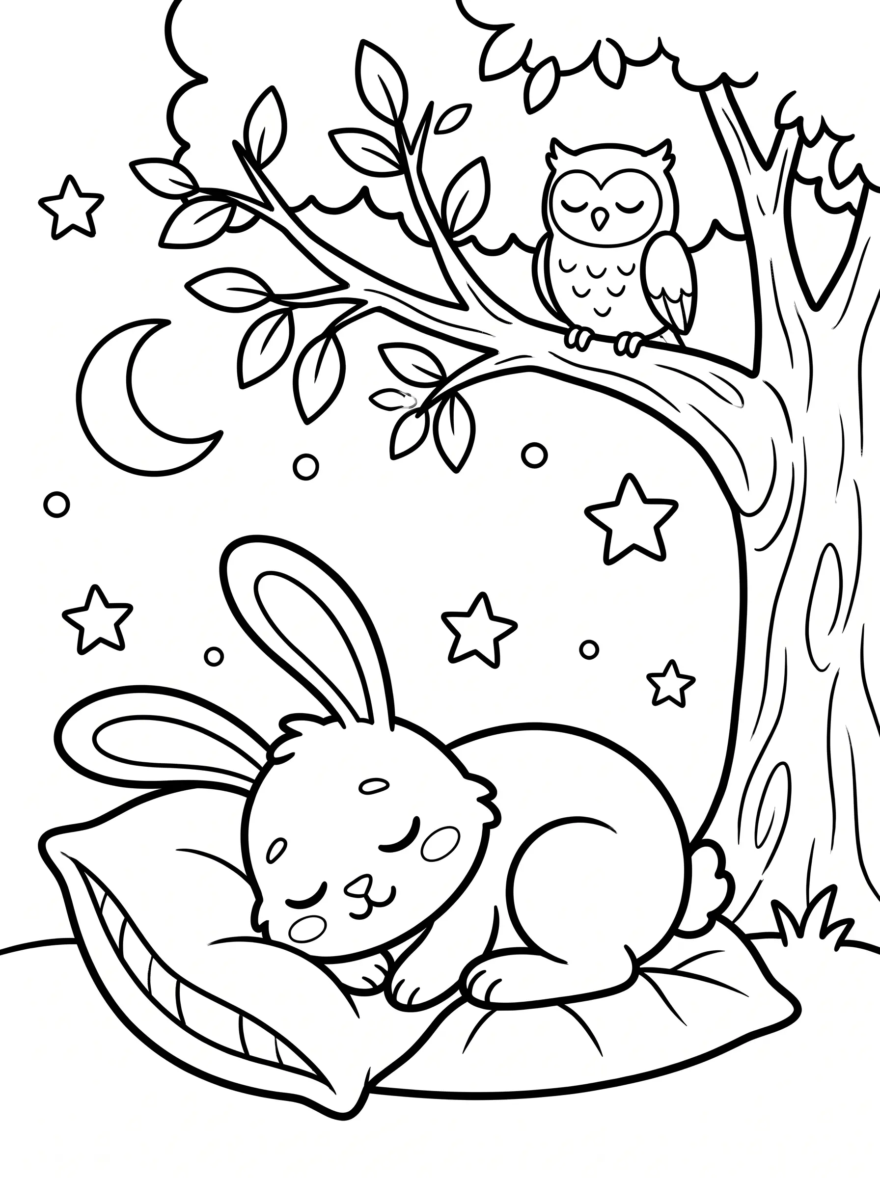 Coloring page: the rabbit asleep under the stars