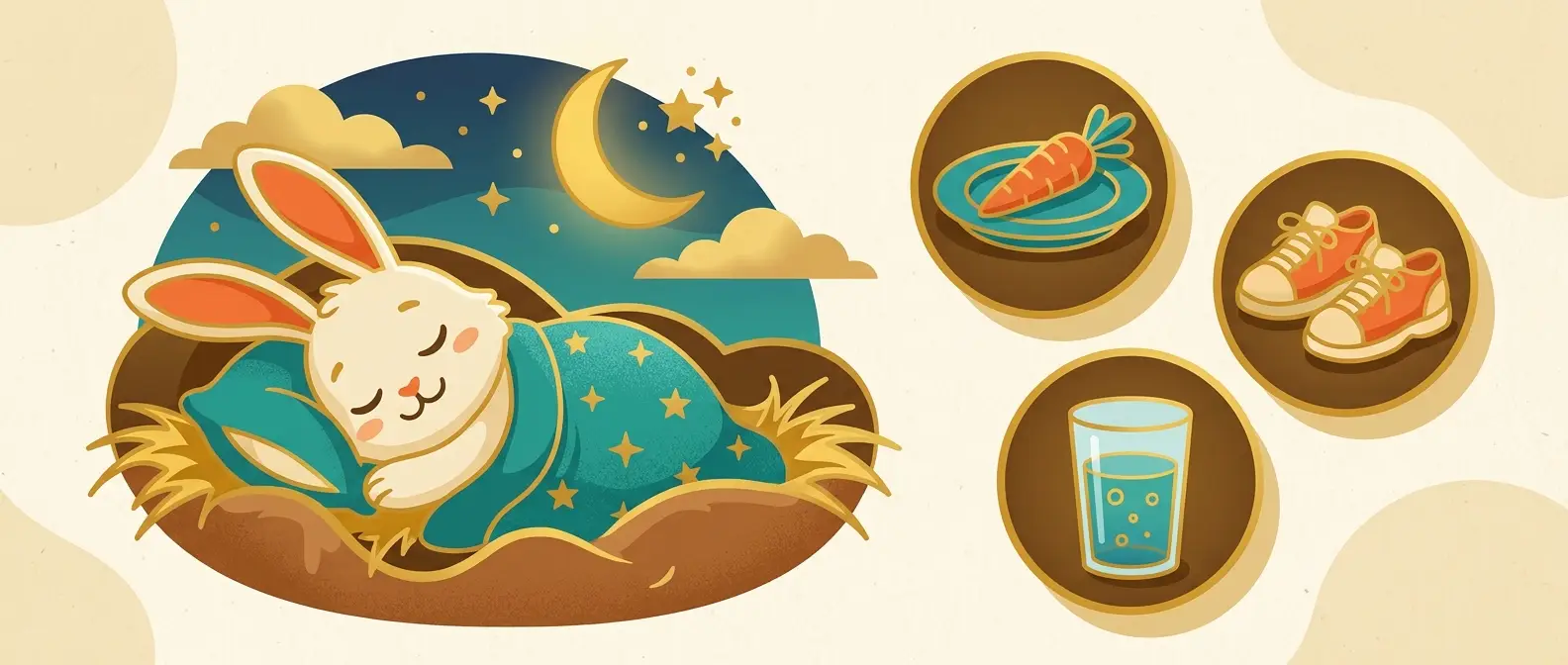 Illustration: the rabbit mascot asleep in a cozy burrow next to panels showing food, sneakers, and water