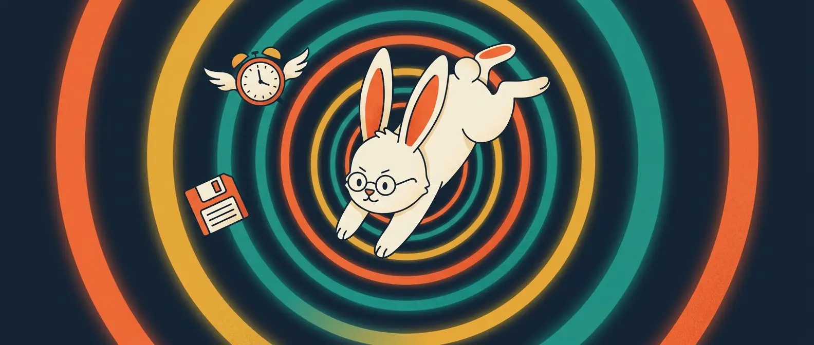 Illustration: the rabbit mascot diving down a glowing spiral tunnel with an alarm clock and a save icon nearby