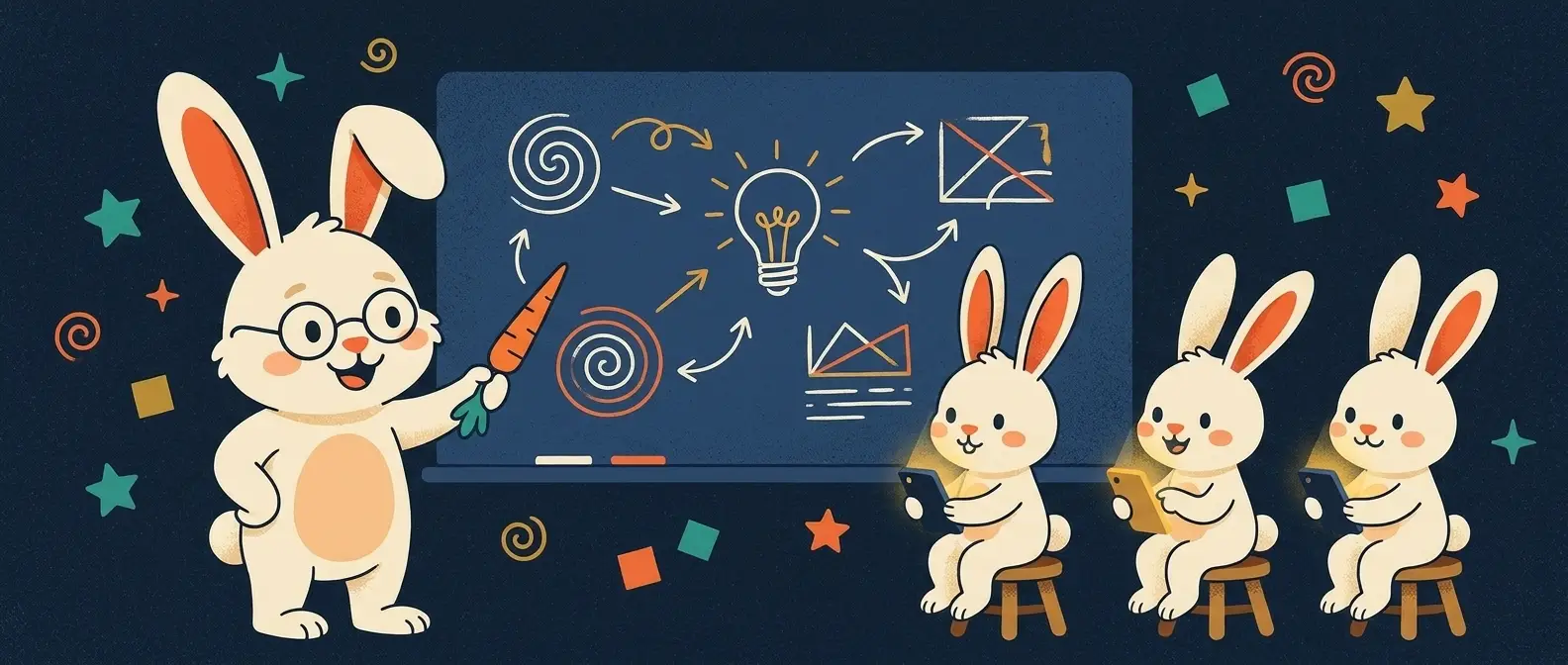 Illustration: the rabbit mascot teaching three smaller rabbits with glowing phones in front of a chalkboard