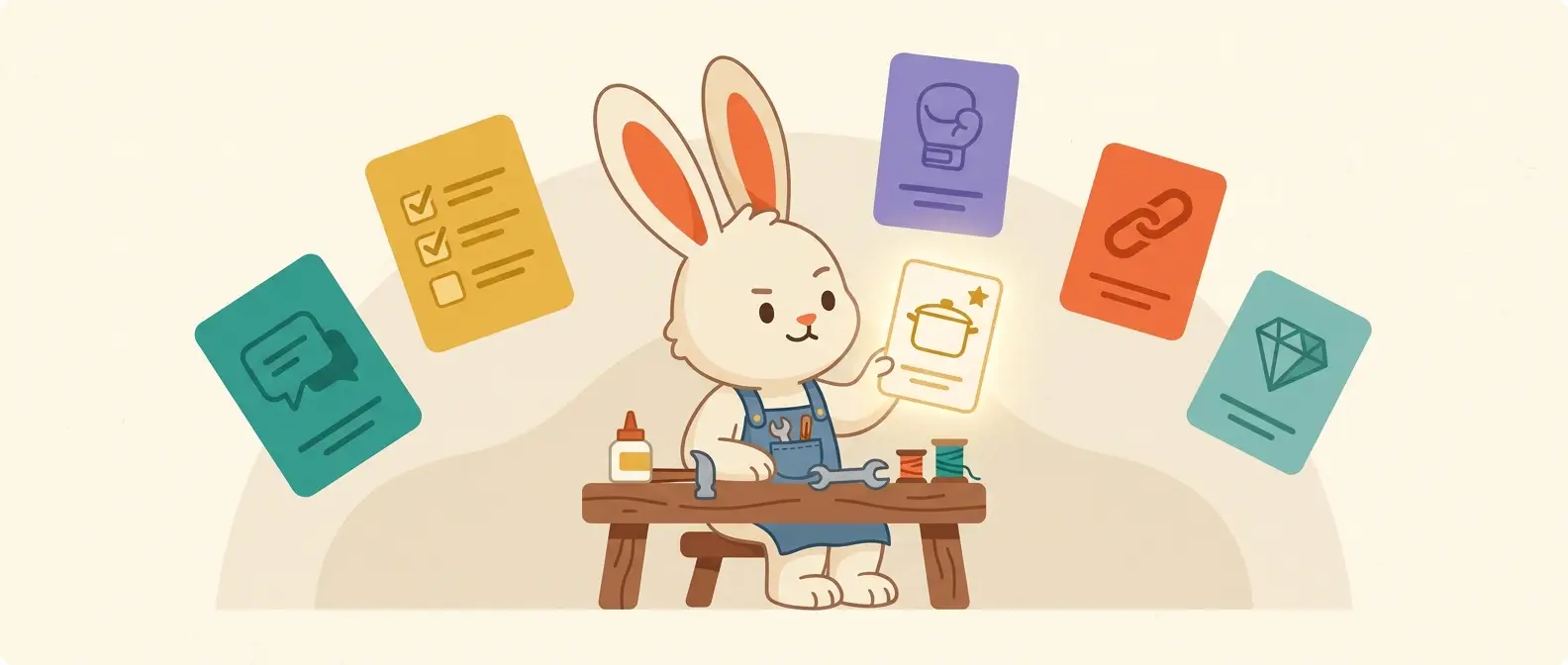 Illustration: the rabbit mascot at a workbench arranging glowing prompt recipe cards