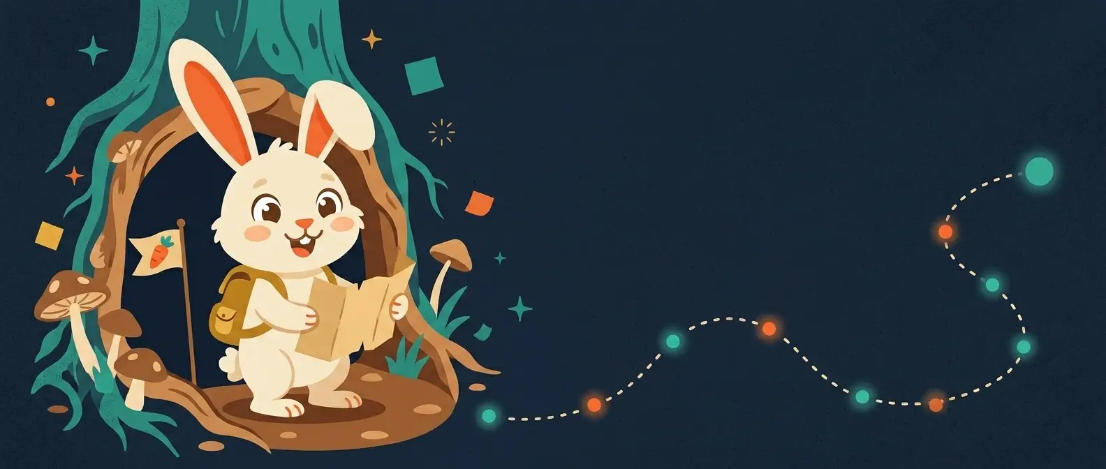 Illustration: the rabbit mascot with a backpack and map setting out from a burrow along a dotted trail