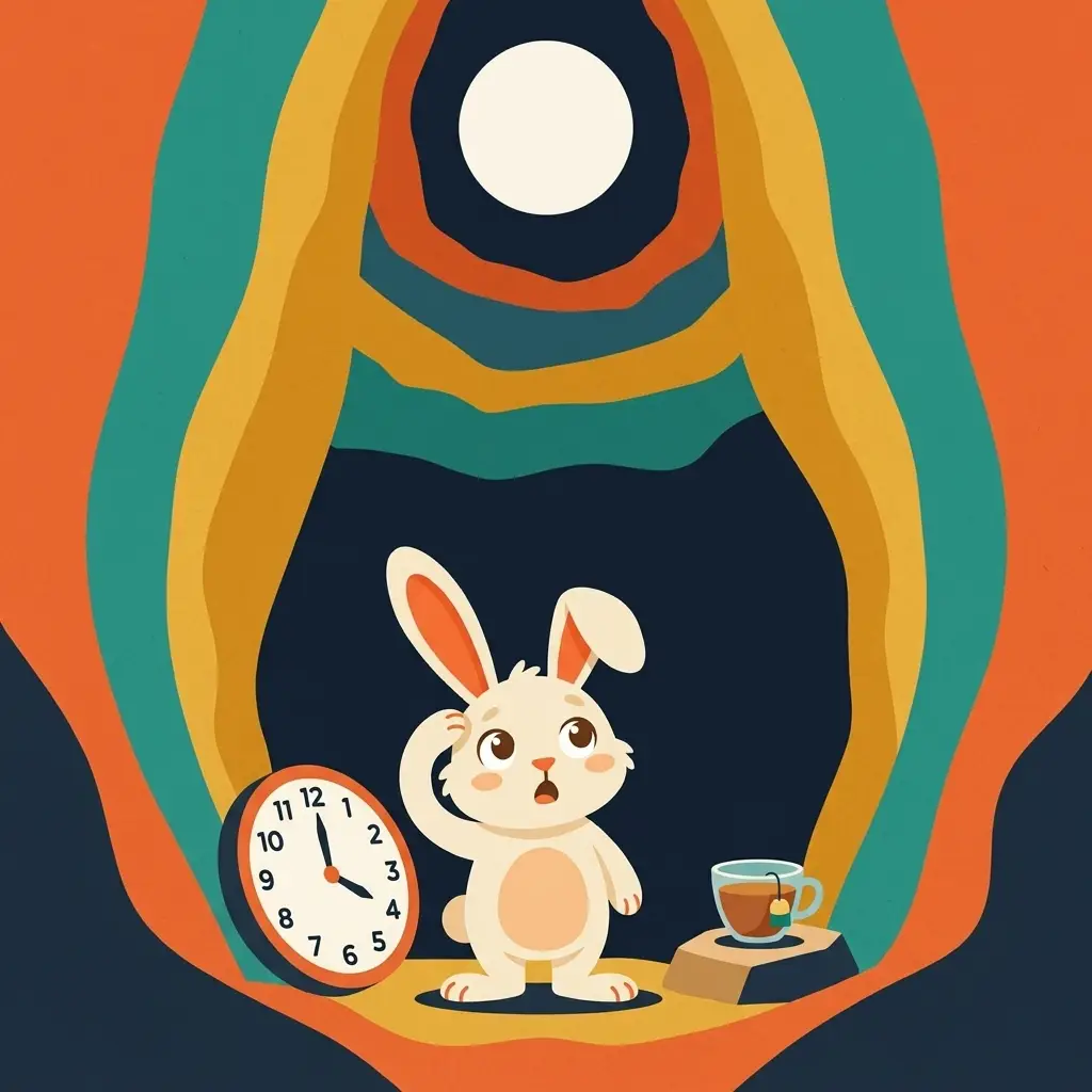 The rabbit at the bottom of a deep burrow blinking up at distant daylight, next to a clock and cold tea