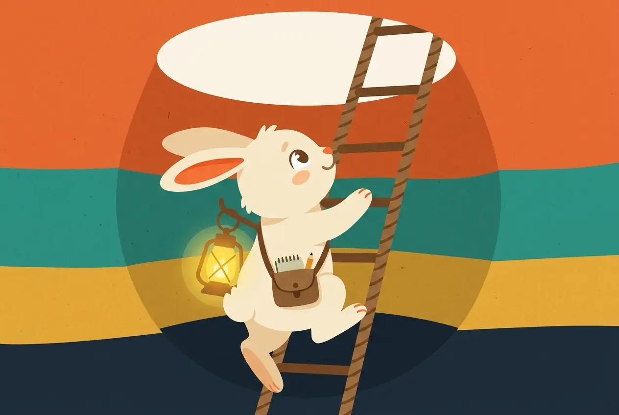 The rabbit climbing a rope ladder out of the hole with a lantern and satchel