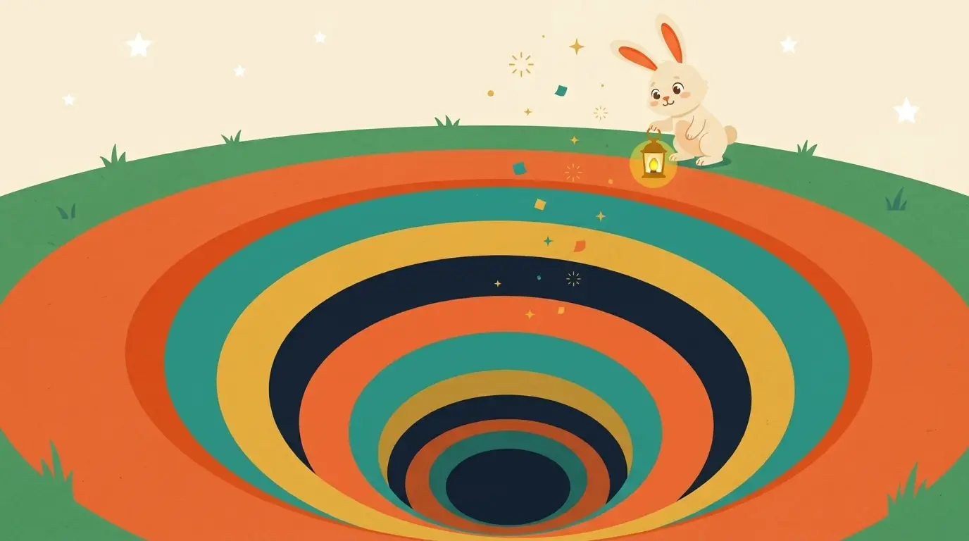 The rabbit standing at the rim of a big spiral rabbit hole, holding a lantern and peering down