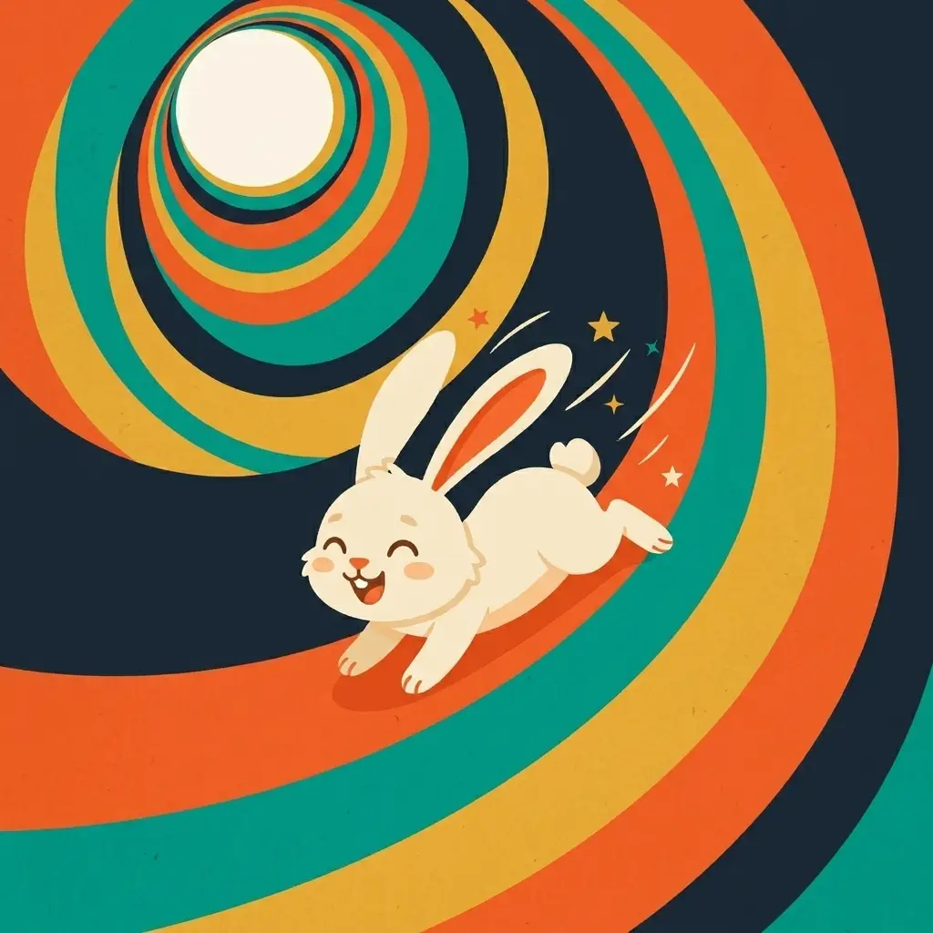 The rabbit sliding down a smooth tunnel, ears streaming