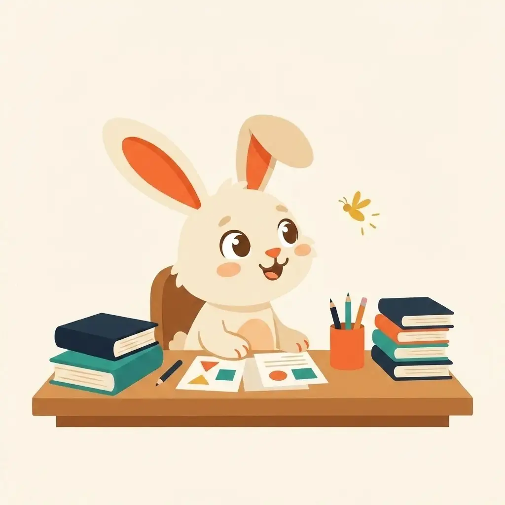 The rabbit at a desk, delighted by a floating spark of curiosity