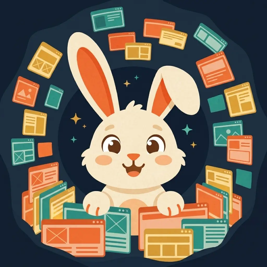 The rabbit deep in a burrow surrounded by dozens of glowing floating browser tabs