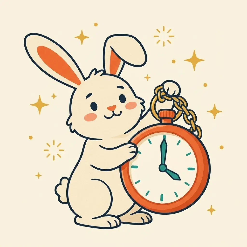 The rabbit holding a big carrot-colored pocket watch