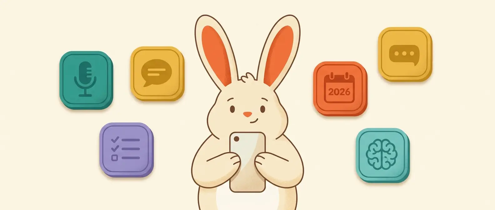 Illustration: the rabbit mascot holding a phone surrounded by friendly app icons